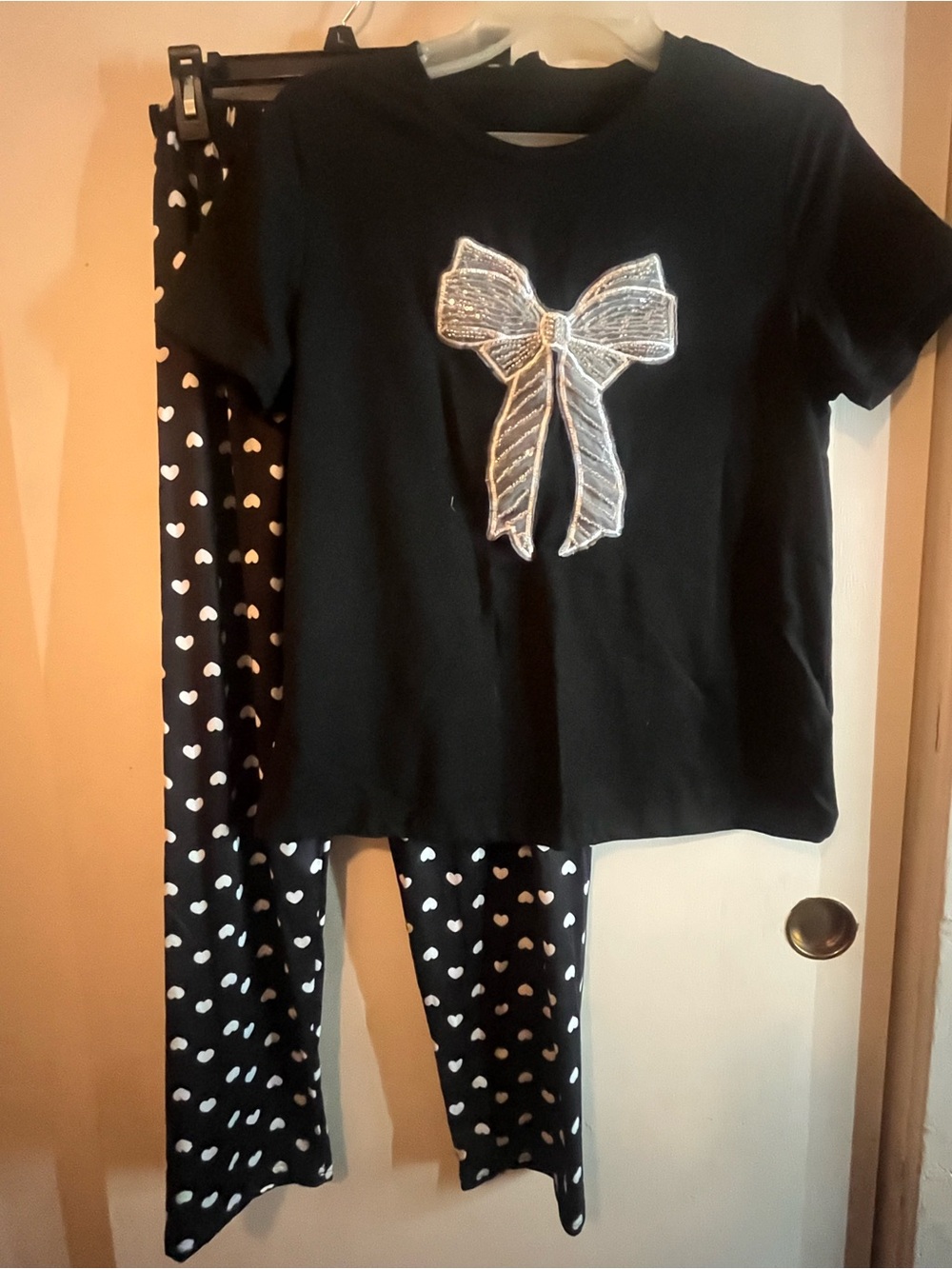 3 Piece Black Pajama Set with White Bow Accent and Heart Print Pants and shorts
